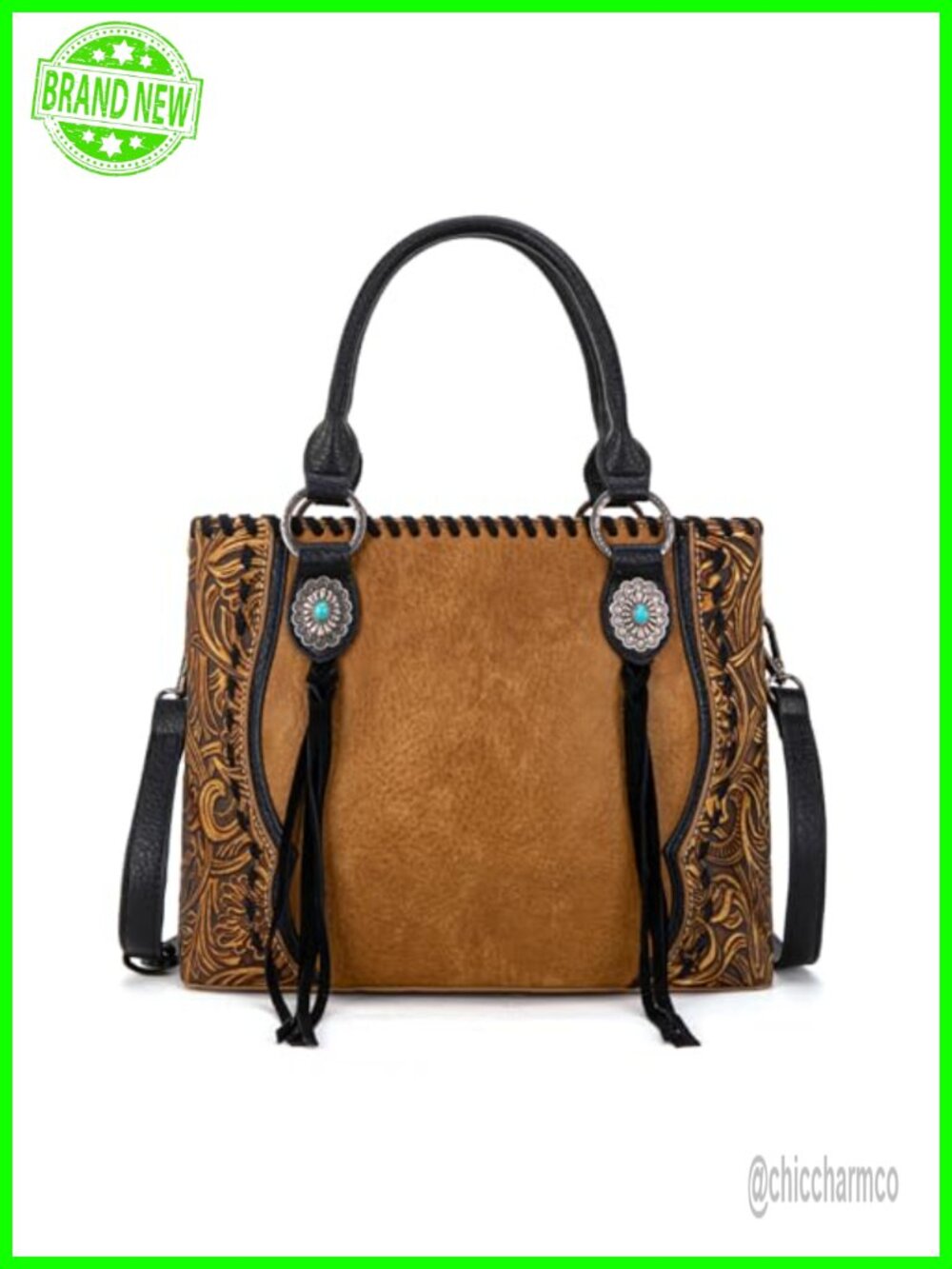 Western Floral Tooled Tote Bag with Concho Crossbody Strap